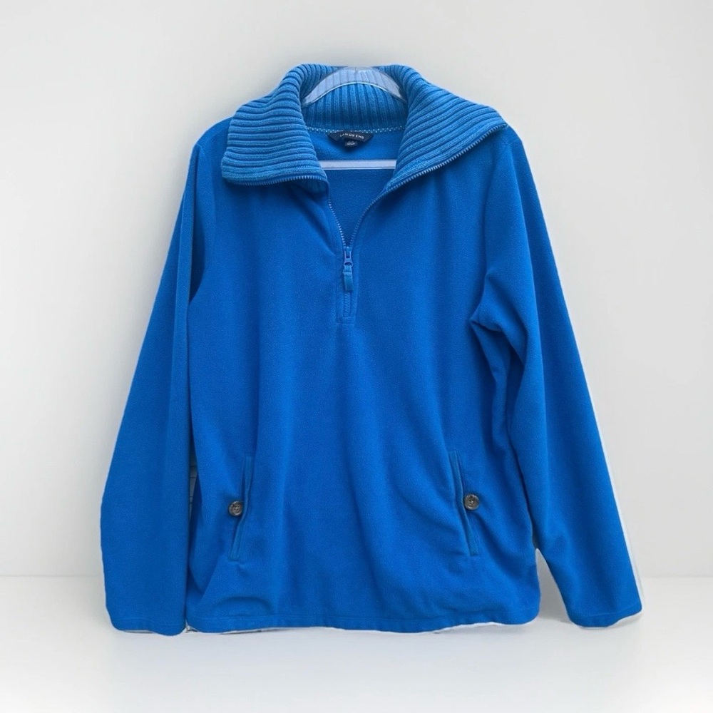 Lands End Pullover Fleece Sweatshirt 1/2 Zip Blue Ribbed Trim Collar Women Sz L